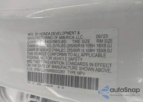 2024 Honda Pilot Ex-L 7 Passenger z USA, uszkodzony, nr VIN 5FNYG2H56RB003283